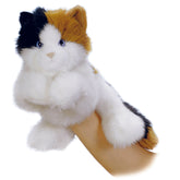 Esmeralda calico cat puppet by Aurora, featuring expressive blue eyes and a colorful pattern